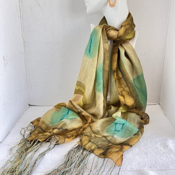 Hand Dyed Scarf Green Ombre Abstract Silk Rayon 70s Batik Vibe - Picture 2 of 9